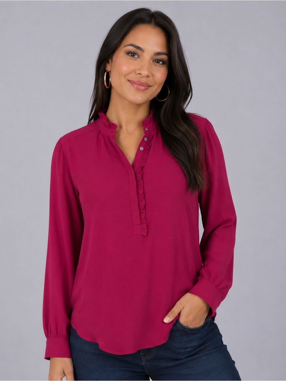 LOFT | Ruffle Henley Blouse | Size S | Like New | Elegant Business Casual Dressy